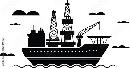 Offshore oil rig ship silhouette, derricks, crane, ocean waves, energy industry, flat vector