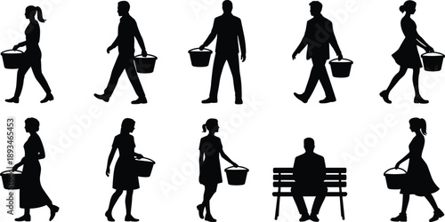 People carrying buckets silhouettes set with walking men and women isolated on white background daily activity lifestyle vector illustration