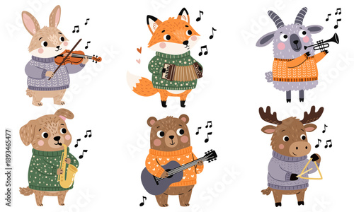 A set of flat vector illustrations in a simple children's style. Cute animals in sweaters play musical instruments: a rabbit with a violin, a fox with an accordion, a goat, a dog, a bear, and an elk