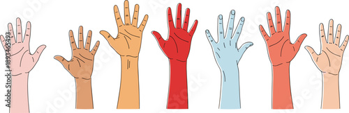 Raised hands illustration set, diverse human skin tone palms, voting volunteering gesture concept, colorful hand collection, isolated white background