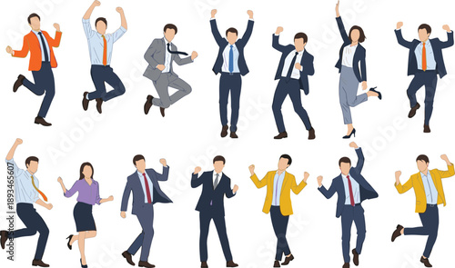 Business people jumping celebrating success, happy corporate team victory concept, professional men and women energetic pose, flat vector illustration