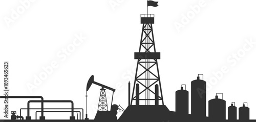 Oil refinery silhouette, pumpjack, derrick, pipelines, storage tanks, industrial site, energy, flat vector