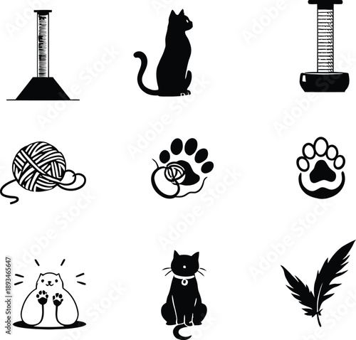 A black and white illustration of various cat toys and accessories in silhouette mode