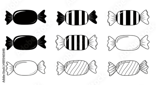 Nine wrapped candies in a row, each with a different design and color.