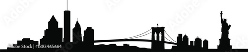 New York skyline silhouette, Statue of Liberty, Brooklyn Bridge, skyscrapers, architecture, flat vector