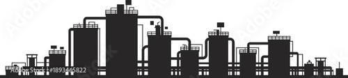 Industrial refinery silhouette, tanks, towers, piping system, chemical plant, energy facility, flat vector