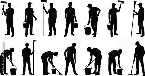 Flat vector illustration of cleaning workers, painting professionals, sweeping, mopping, and various handyman activities, silhouettes, work labor icons.