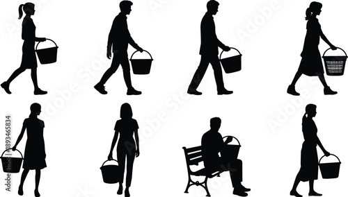 People carrying buckets silhouettes collection with walking men and women isolated on white background daily life activity vector illustration
