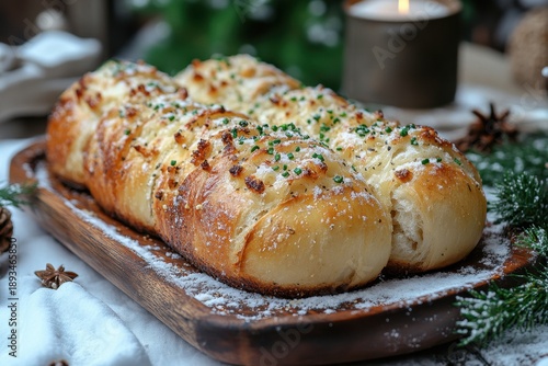 Loaf of bread on wooden board.