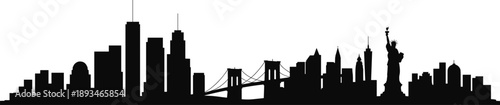 New York skyline silhouette, Statue of Liberty, Brooklyn Bridge, skyscrapers, architecture, flat vector