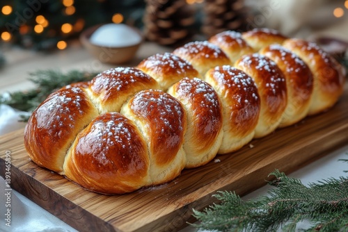 Loaf of bread on wooden board.