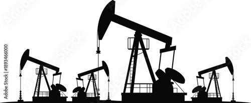 Oil pumpjack silhouettes, nodding donkeys, extraction machinery, petroleum infrastructure, energy industry, flat vector