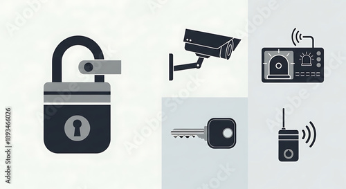 Essential vector icon set for modern digital security systems, covering surveillance, access control, and wireless protection elements for homes and businesses