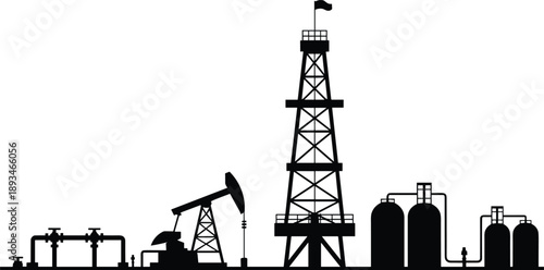 Oil extraction facility, pumpjack, derrick, pipeline, storage tanks, industrial infrastructure, flat vector