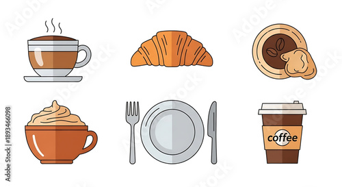 Collection of coffee and pastry illustrations coffee cup, croissant, cookies, and latte