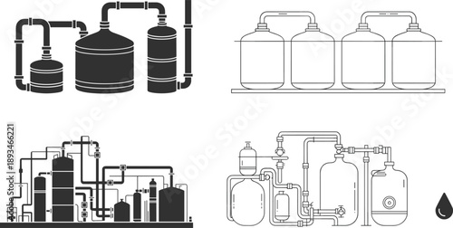 Fluid processing systems, tanks, valves, pipelines, industrial layout, water treatment, chemical plant, flat vector
