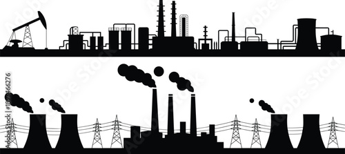 Oil refinery, pumpjack, power plant, smokestacks, transmission towers, energy infrastructure, pollution, flat vector