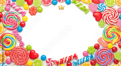 A vibrant and colorful assortment of candies and sweets arranged in a decorative border.