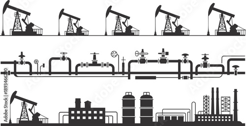 Oil pumpjack, pipeline system, refinery plant, industrial infrastructure, energy process, silhouette, flat vector