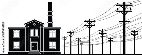 Power plant silhouette, utility poles, electricity grid, smokestack, energy infrastructure, transmission, flat vector