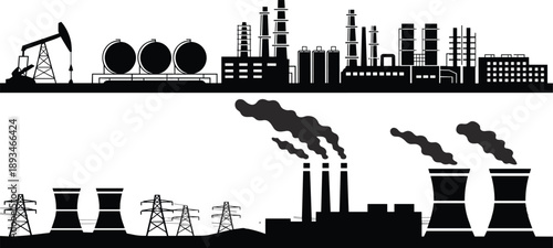 Fossil fuel infrastructure, refinery, power plant, smokestacks, transmission towers, pollution, flat vector