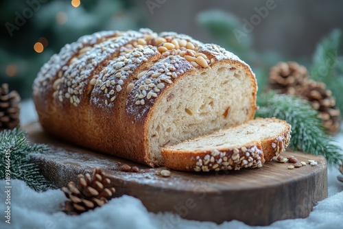 Loaf of bread topped with nuts and pines on wooden board.
