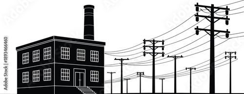 Power plant, utility poles, electricity transmission, smokestack building, energy infrastructure, silhouette, flat vector