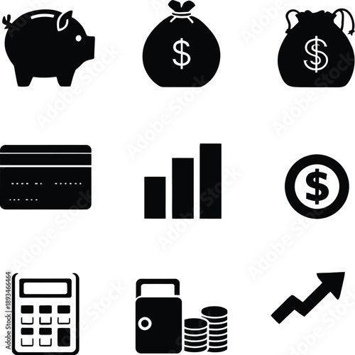 A collection of financial icons including a piggy bank and money bags in silhouette mode