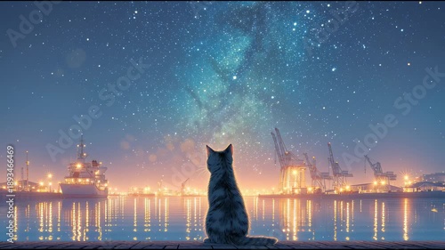 海辺の夜景と猫の動画