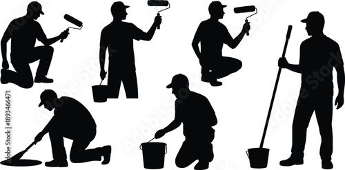 Black painter silhouette collection showing house painter and decorator using roller bucket and tools in different working poses vector illustration isolated on white background