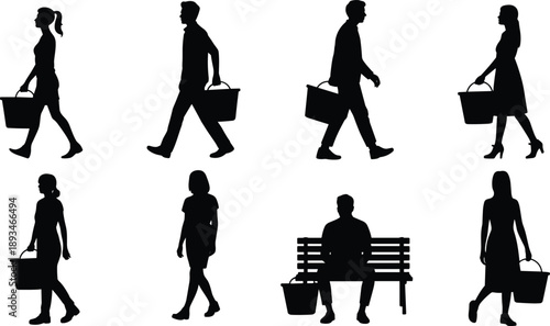 People carrying baskets silhouettes set with walking men and women isolated on white background daily life activity vector illustration
