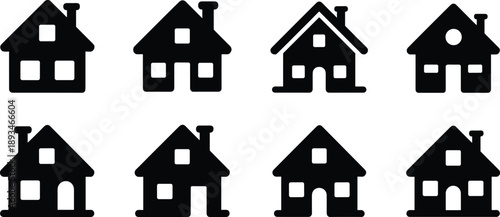 House silhouette icon set, modern residential home symbols collection, black isolated buildings, real estate property shapes, simple architecture vector