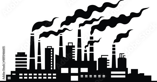 Industrial factory, smokestacks, pollution, environmental impact, manufacturing plant, air emissions, flat vector