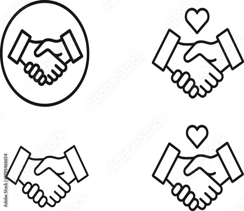 Collection of handshake vector icons symbolizing collaboration, trust, and partnership, including variations with a heart for community and shared values