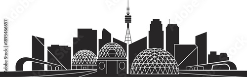 Futuristic cityscape, urban skyline, architecture, transportation, infrastructure, dome, tower, train, flat vector