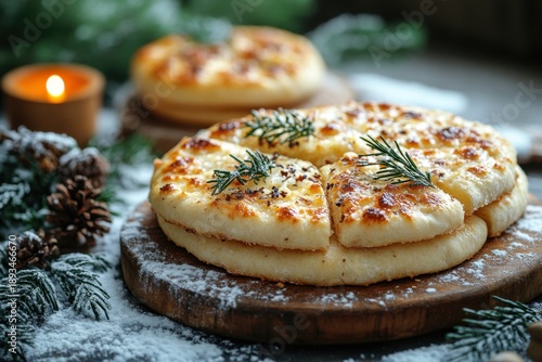 Pile of bread on wooden board.