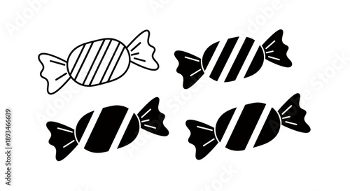 Four wrapped candies, each with a different pattern, presented in a simple black and white illustration.