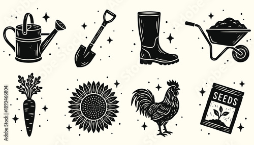 Rustic Agriculture and Planting Black Vector Collection
