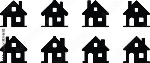 House silhouette icon set, residential home building collection, black isolated property symbols, modern real estate design, simple architecture illustration