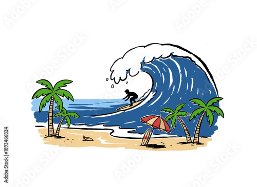 Surfing club vintage artwork for t-shirt design. Beach vibes and ocean wave art. Tropical abstract summer design. Ride the big wave. Surf board retro