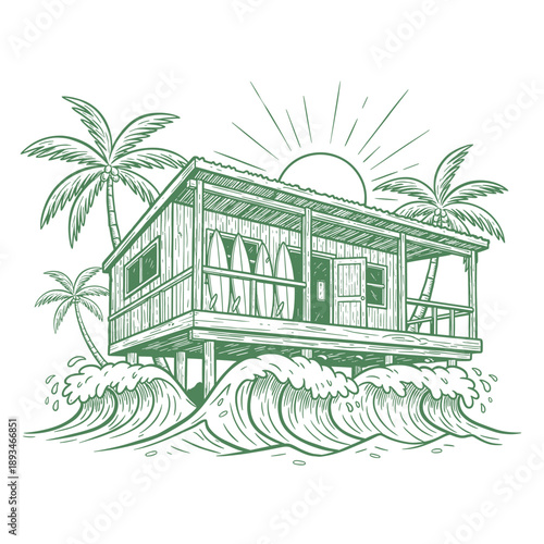 Surf club artwork for t shirt print, poster, sticker. Coastal beach house graphic design. Tropical paradise illustration. Ocean wave and surfing sport