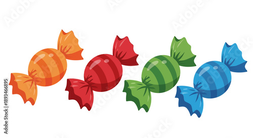 Four colorful candies wrapped in shiny paper, each with a different hue.