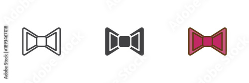 Bow tie accessory icon set with line, solid and filled outline colorful versions. Bow tie icon vector sign and symbol for fashion, beauty styling, elegance themes.