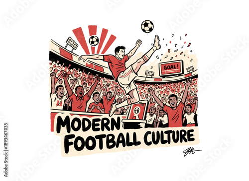 Soccer player scoring goal artwork. Football champion league graphic. Cheering fans in stadium design. Vintage sport culture illustration. Action desi