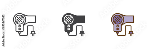 Hair dryer icon set in line, solid and filled outline colorful style. Hair dryer icon vector sign and symbol for beauty care, salon equipment, styling tools.