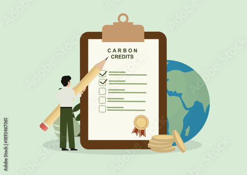 Carbon Credits Compliance Checklist. Verified climate action and sustainable finance. Carbon footprint concept. Climate change and carbon credits. Flat design. Vector illustration