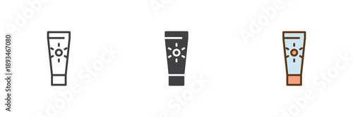 Suntan cream tube icon set in line, solid and filled outline colorful style. Sunscreen icon vector sign and symbol for skincare, summer beauty protection.