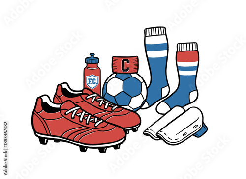Football club t shirt design. Soccer champion equipment illustration. Cleats ball socks shin guards graphic print. Professional game day gear artwork