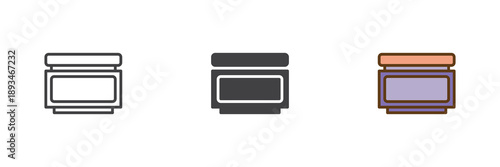 Cosmetic cream jar icon set in line, solid and filled outline colorful style. Cream icon vector sign and symbol for skincare, beauty products, packaging.