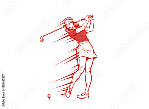 Female golf player hitting the ball artwork. Golf club sport graphic design. Strong woman athlete illustration. Vintage comic style sportswear print